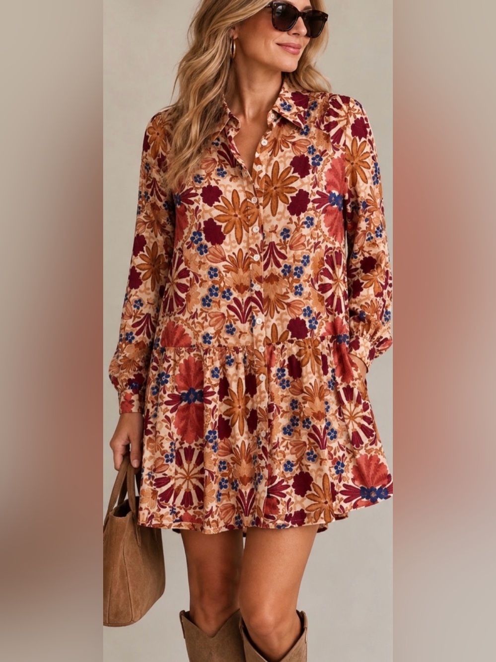 Olivaceous Floral Shirt Mini Dress in Brown, Rust & Navy